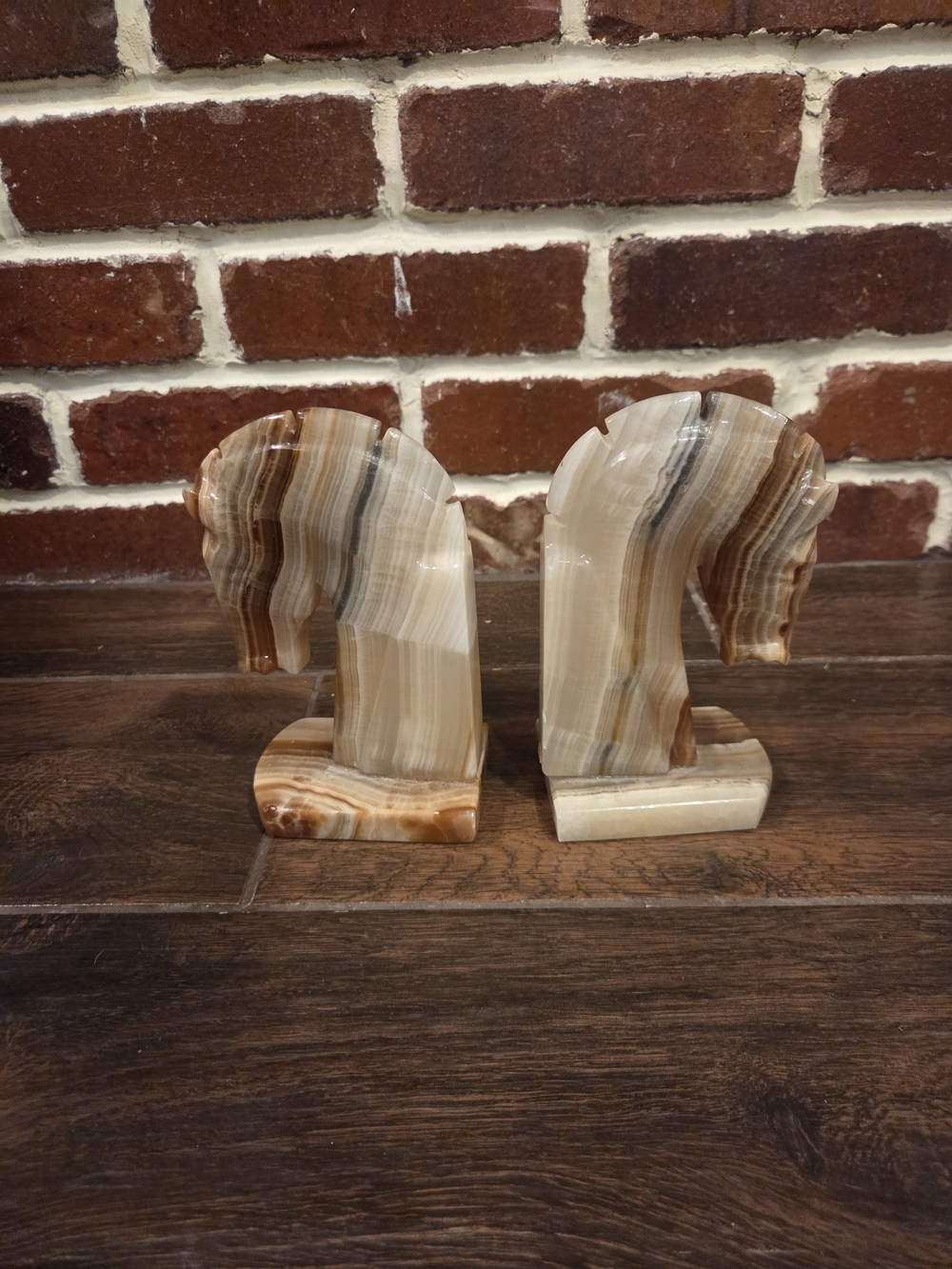 Vintage Pair of Onyx Marble Banded Horse Head Bookends Hand Carved